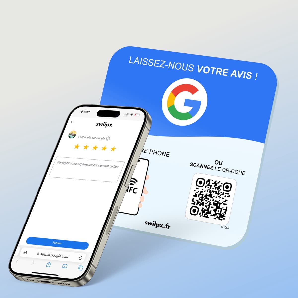 Plaque Swiipx et téléphone affichant le formulaire d'avis Google, prêt à être publié